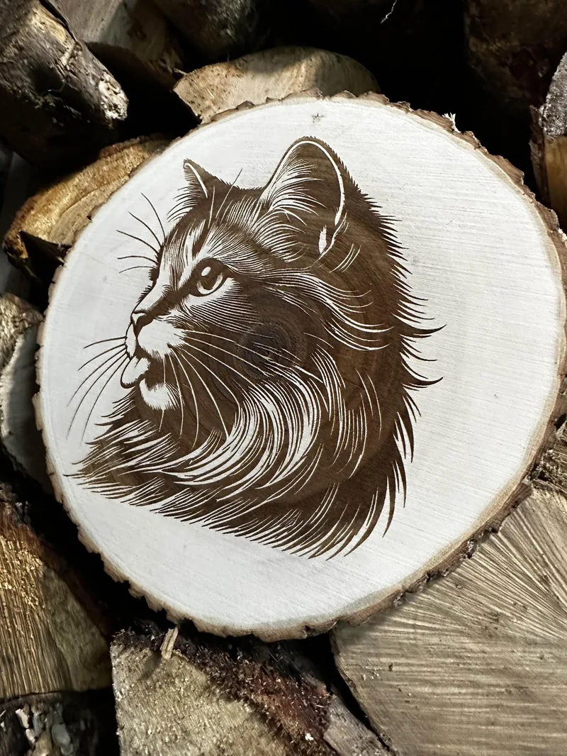 Dessous de plat en bois gravé d'un portrait de chat, posé sur des bûches